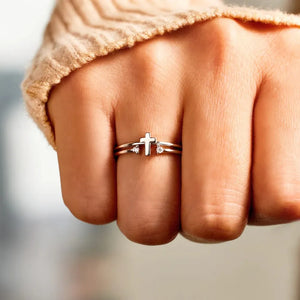 Silver double band ring with a cross and crystal accents