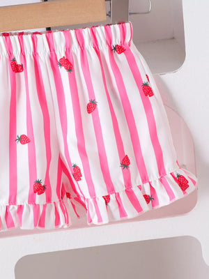 Children's Bow Ruffled Striped Top And Shorts Set in Pink, back view
