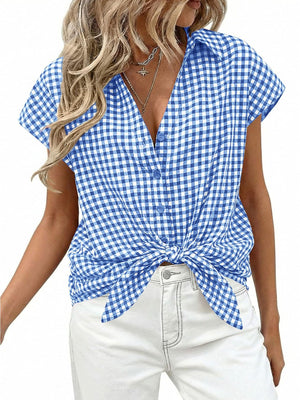 Sky blue gingham print tied button-down shirt with short sleeves and a V-neck.
