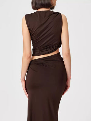 Asymmetrical Ruched Knit Top And Skirt Set in Yellow Green, back view