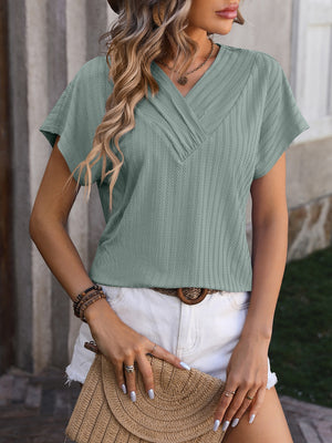 Sage textured surplice v-neck tee with short sleeves.