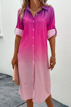 Ombre collared shirt dress in hot pink with cuffed sleeves and button front.