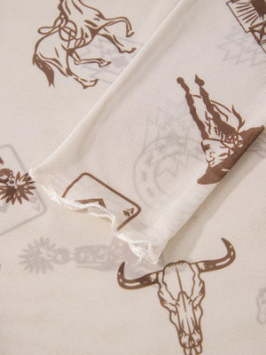 Sheer mesh mock neck shirt with Western print, featuring a bull skull and cowboy graphic.