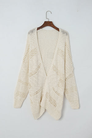 Beige open-knit slouch cardigan with a relaxed fit and chevron detail.
