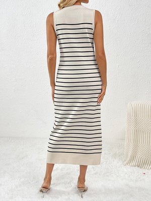 Striped ribbed sleeveless midi dress in cream with black stripes, featuring a high neckline.