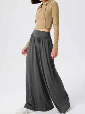 Dark Gray drape-front wide-leg jersey trousers with a gathered waistband.
