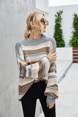Multicolor striped acrylic knit sweater with balloon sleeves and crew neck.
