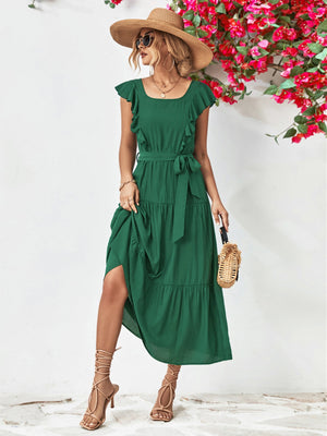 Forest green flutter sleeve tiered midi dress with belt and square neckline