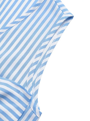 Blue and white striped two-piece set with a bow detail and V-neckline.