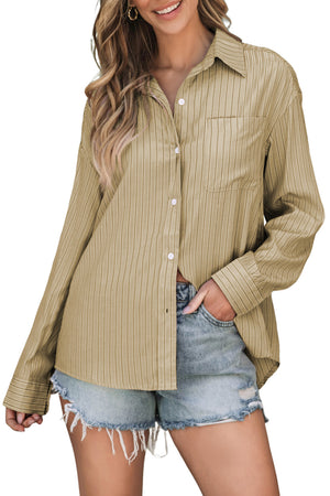 Oversized tan stripe Oxford shirt with button front and chest pocket, styled with denim shorts.