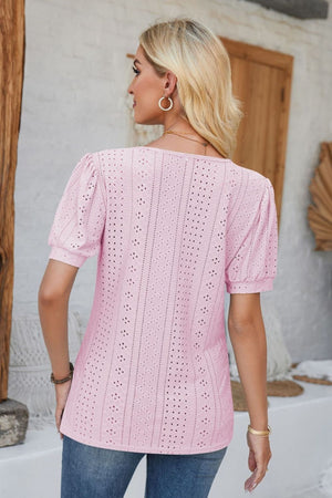 Blush pink perforated puff sleeve henley top with eyelet detail