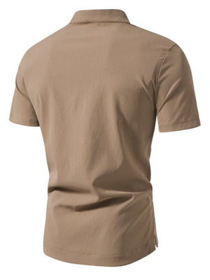 Khaki cotton short sleeve shirt with band collar and button detail.