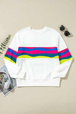 Colorblock crewneck sweatshirt with wavy stripes in pink, blue, green, and yellow on white.