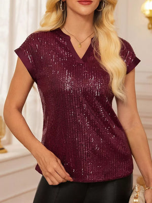 Burgundy sequin cap sleeve blouse with V-neck and satin trim