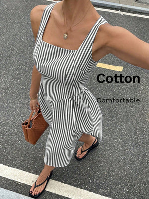 Striped square neck midi dress in black cotton blend with a-line cut.