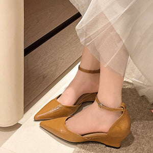 Brown pointed-toe ankle strap heels with adjustable buckle detail.