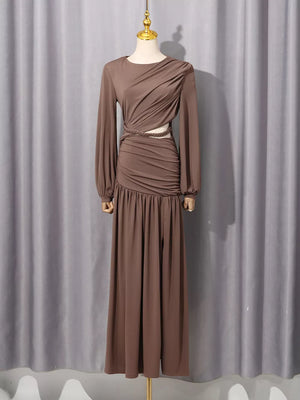 Ruched Long-sleeve Maxi Dress With Cutout in Brown, side view
