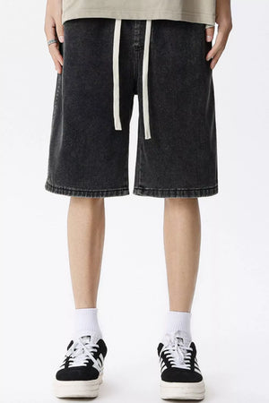 Black gray denim shorts with drawstring for men, vintage wash, casual fit