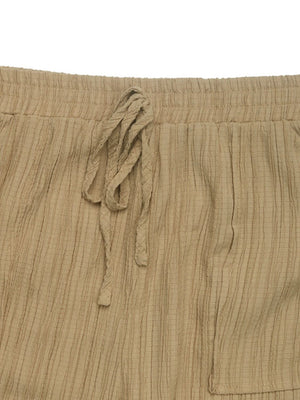 Tan textured drawstring waist relaxed trousers with elastic waistband