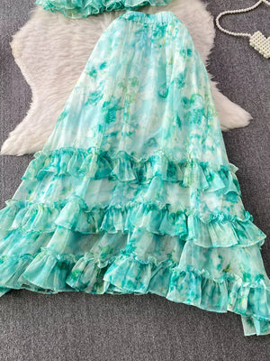 Light green floral ruffle bikini bottom with tiered ruffles and tie-dye pattern.
