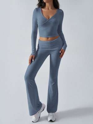 Dusty Blue cross-front crop top and flare lounge pants set