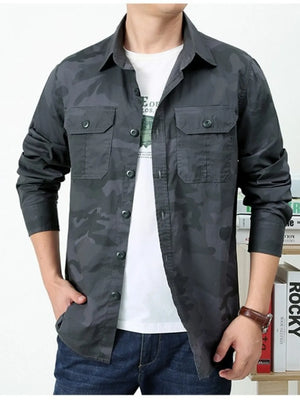 Men's Plus Size Camouflage Print Long Sleeve Shirt in Army Green, model styling view