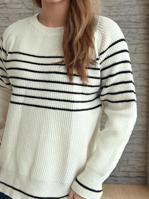 Breton stripe ribbed knit crewneck sweater in white with black stripes, acrylic.