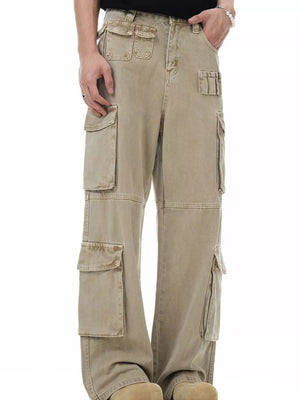 Men's khaki cargo pants with multiple utility pockets and a distressed wash.