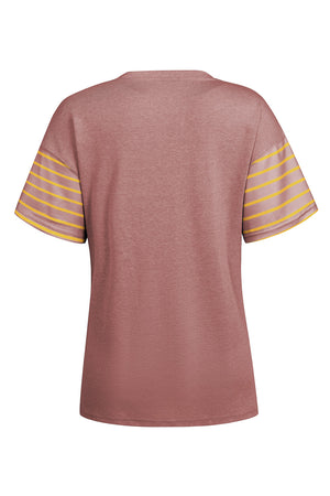 Colorblock raglan tee in dusty pink with yellow striped sleeves.