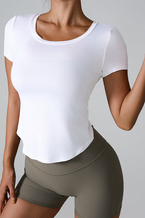 White active t-shirt with scoop neck and short sleeves, curved hem