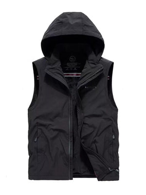 Black hooded zip vest with fleece lining and zippered pockets.