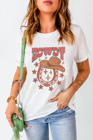 White crew neck t-shirt with a "Howdy" graphic featuring a cowboy hat and horseshoe surrounded by stars.