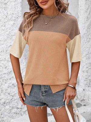 Mandy Color Pop T-Shirt in Camel/Orange, White/Blue, Green/Blue, Green/Orange, Black/Camel with color block design.