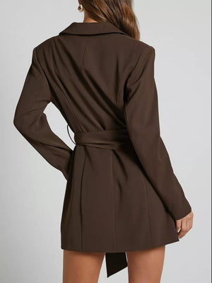 Chic tie-waist lined blazer dress in coffee with buttoned front and lapel collar.