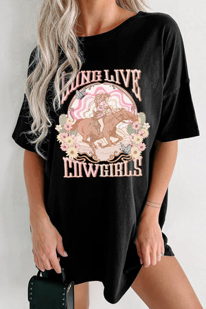 Black graphic tee with a cowgirl riding a horse and floral design, "Long Live Cowgirls" text.