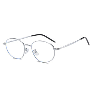 Vintage-inspired round frame eyeglasses with silver metal frames and black temple tips.