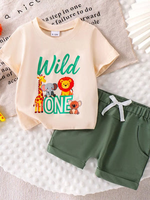 Children S Graphic Round Neck Tee And Shorts in Green, side view