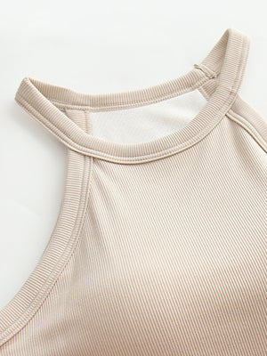 Camel ribbed halter tank top with built-in bra detail