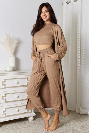Mocha loungewear set with crop top, drawstring pants, and long open cardigan.