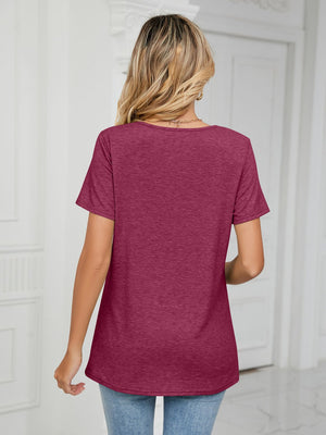 Ruched V-neck jersey top in deep purple with short sleeves and a relaxed fit.