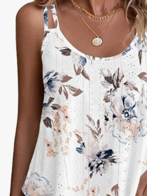 White floral eyelet cami with double straps and scoop neck