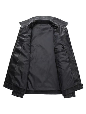Black leather jacket with zip closure and interior pocket detail.