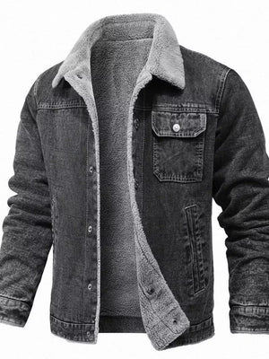 Men's black sherpa-lined denim jacket with button-up front and chest pockets.