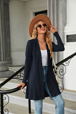 Dark Blue textured knit open-front duster cardigan with long sleeves and a relaxed fit.