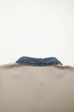 Ribbed knit mini dress in beige with a denim collar detail.