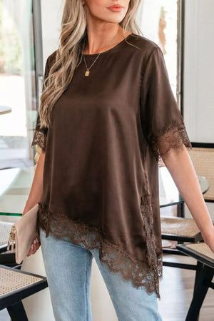 Brown satin maternity blouse with lace trim on asymmetric hem and sleeves.