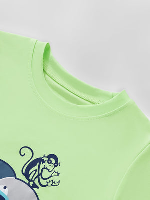 Light green toddler t-shirt with a graphic print of a monkey and elephant.