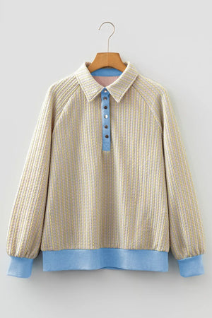 Button Front Jacquard Henley Sweatshirt in Beige, close-up detail