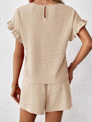 Beige frill sleeve tee and drawstring shorts set with textured fabric and keyhole back detail.