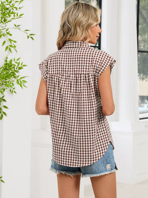 Plaid Button Up Cap Sleeve Shirt, front view